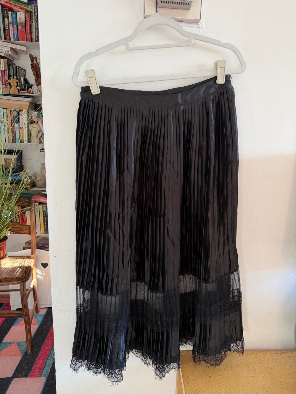 Ultra Pink Black Pleated Midi Skirt with Lace Trim